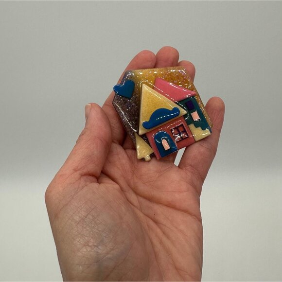 Vintage House Pins by Lucinda Brooch Pink Blue Glitter Cottagecore Retro Jewelry - Picture 8 of 10